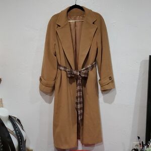 Classic Camel Long Coat with Plaid Belt